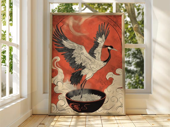 Crane With Rice Art Vintage Japanese Wall Animal Poster Funny Print