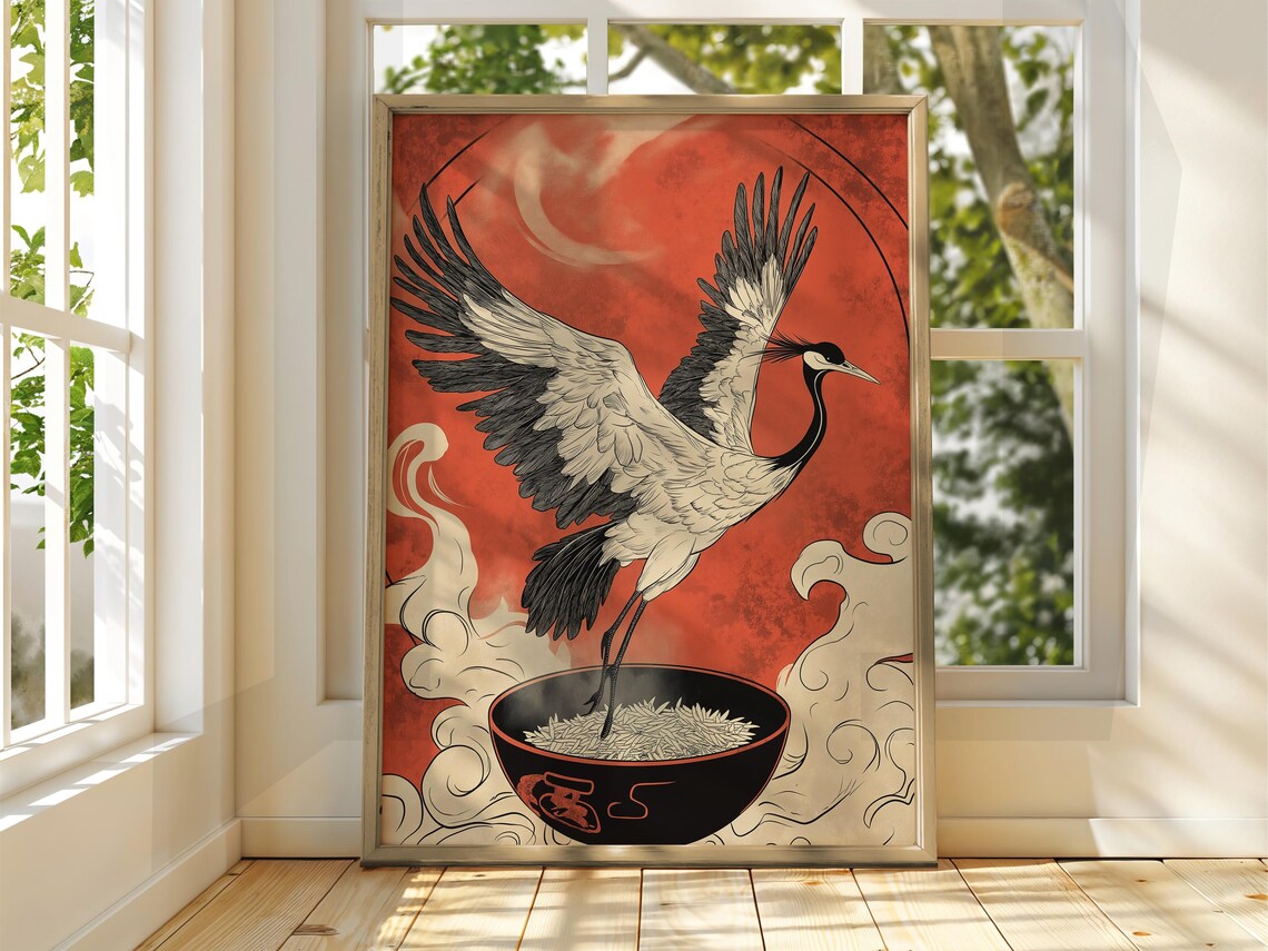Japanese Crane Rice Bowl Red Background Woodblock Style Art Print