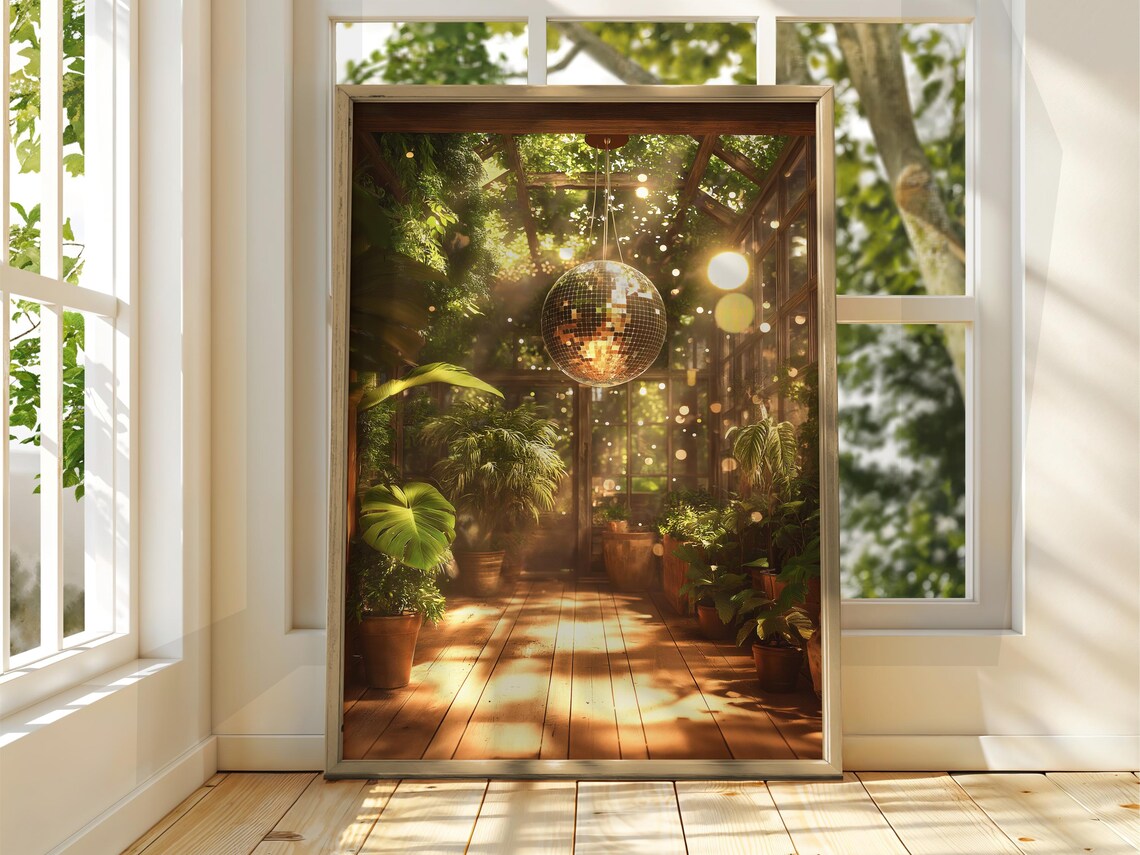 Golden Disco Ball in Conservatory, Retro Poster Print
