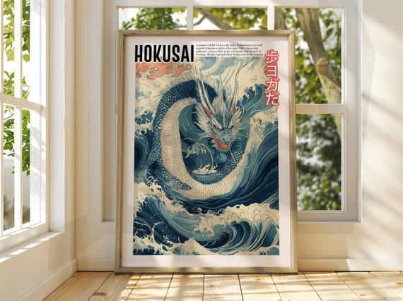 Vintage Japanese Art Ukiyoe Poster Katsushika Hokusai Print Japan Matsumoto Hoji Dragon