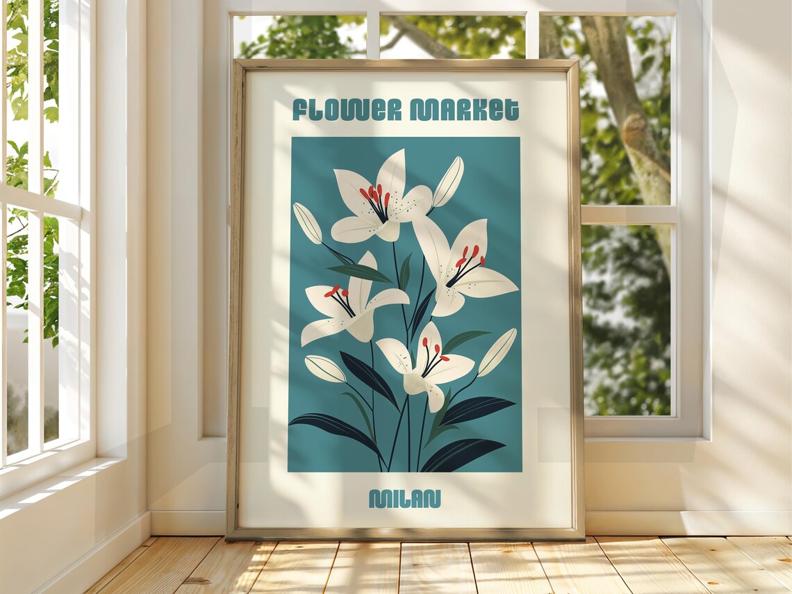 Flower Market Milan Art Poster With White Lilies On Teal Vintage Style