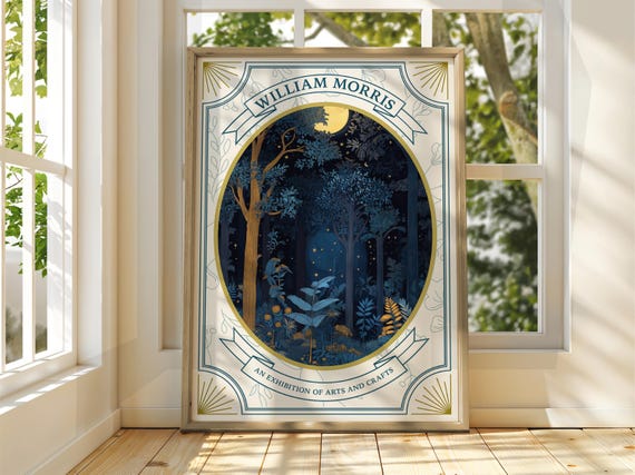 William Morris Style Full Moon Forest Poster Exhibition Gallery Print Wall Art Trees Stars