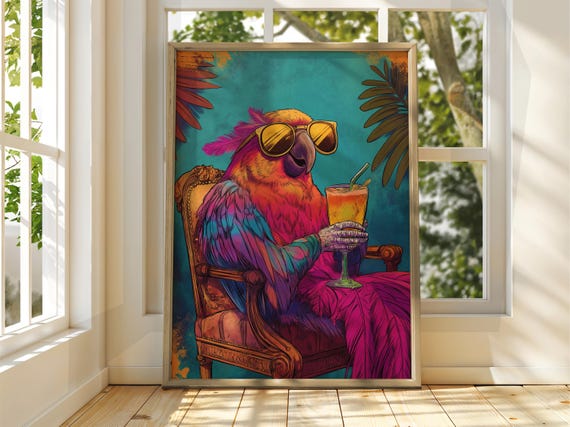 Fancy Parrot Poster Drinking Animal Art Illustration Funny Quirky Drinks Whiskey Wine Drink