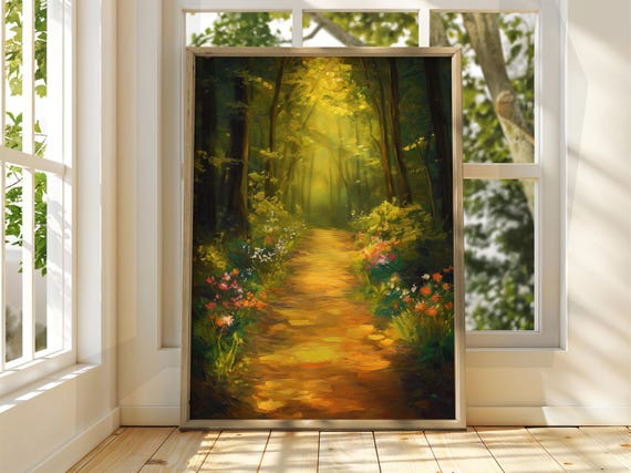 Green Forest Path Poster Oil Painting Art Print Enchanted Wall Warm Summer Landscape Nature Bright Home Decor