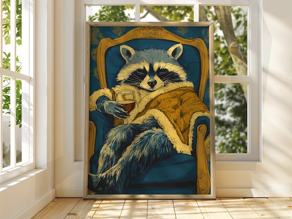 Dapper Raccoon Robe Whiskey Glass Gentleman Animal Portrait Poster