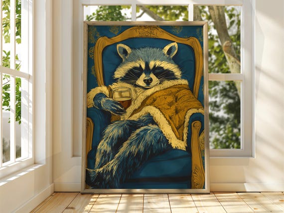 Fancy Racoon Poster Drinking Animal Art Illustration Funny Quirky Drinks Whiskey