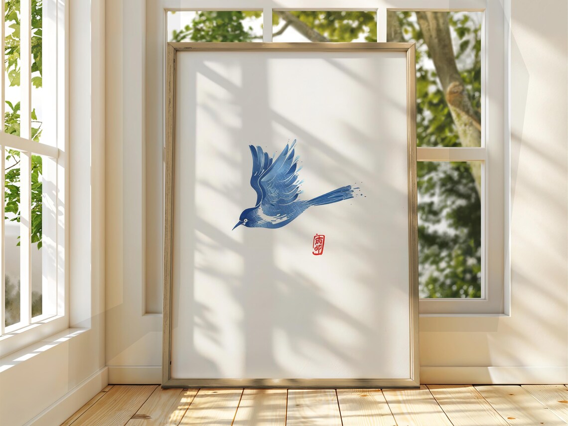 Japanese Blue Bird Ink Painting Minimalist Animal Art Poster