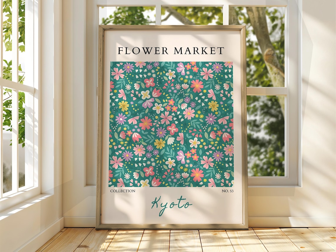 Kyoto Flower Market Botanical Illustration Teal Floral Poster