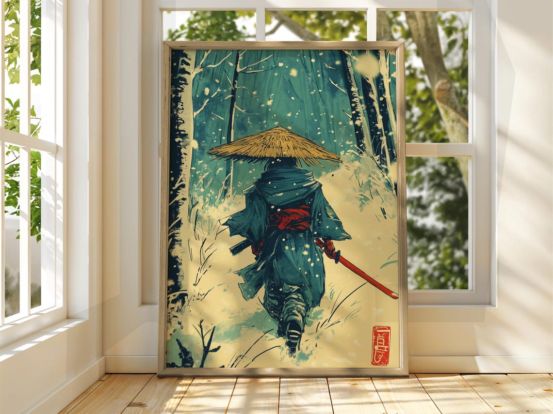 Lone Samurai Walking in Snowy Bamboo Forest Ukiyo-e Art Poster