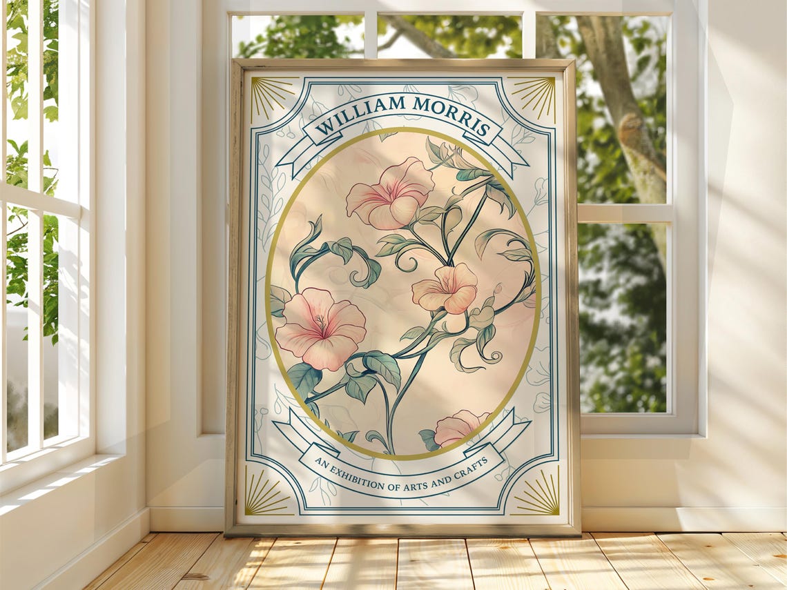 William Morris Pink Flower Botanical Exhibition Gallery Poster
