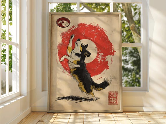 Dog Playing Fetch Art Vintage Japanese Wall Animal Poster Funny Print