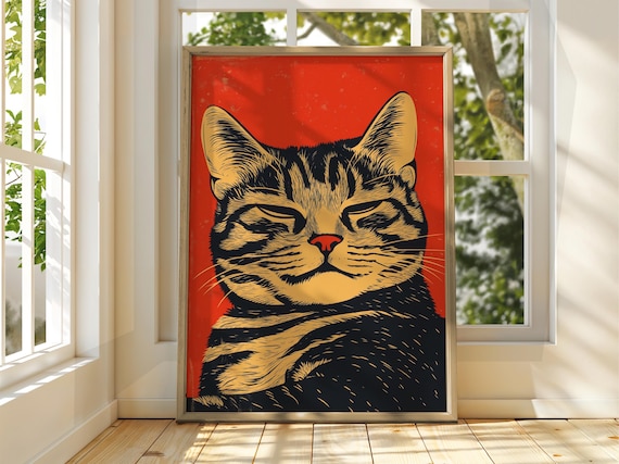 Sleeping Tabby Cat Face On Red Background Vintage Linocut Poster