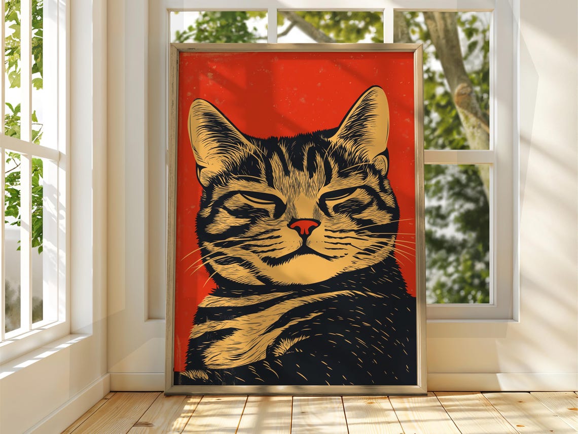 Sleeping Tabby Cat Face On Red Background Vintage Linocut Poster