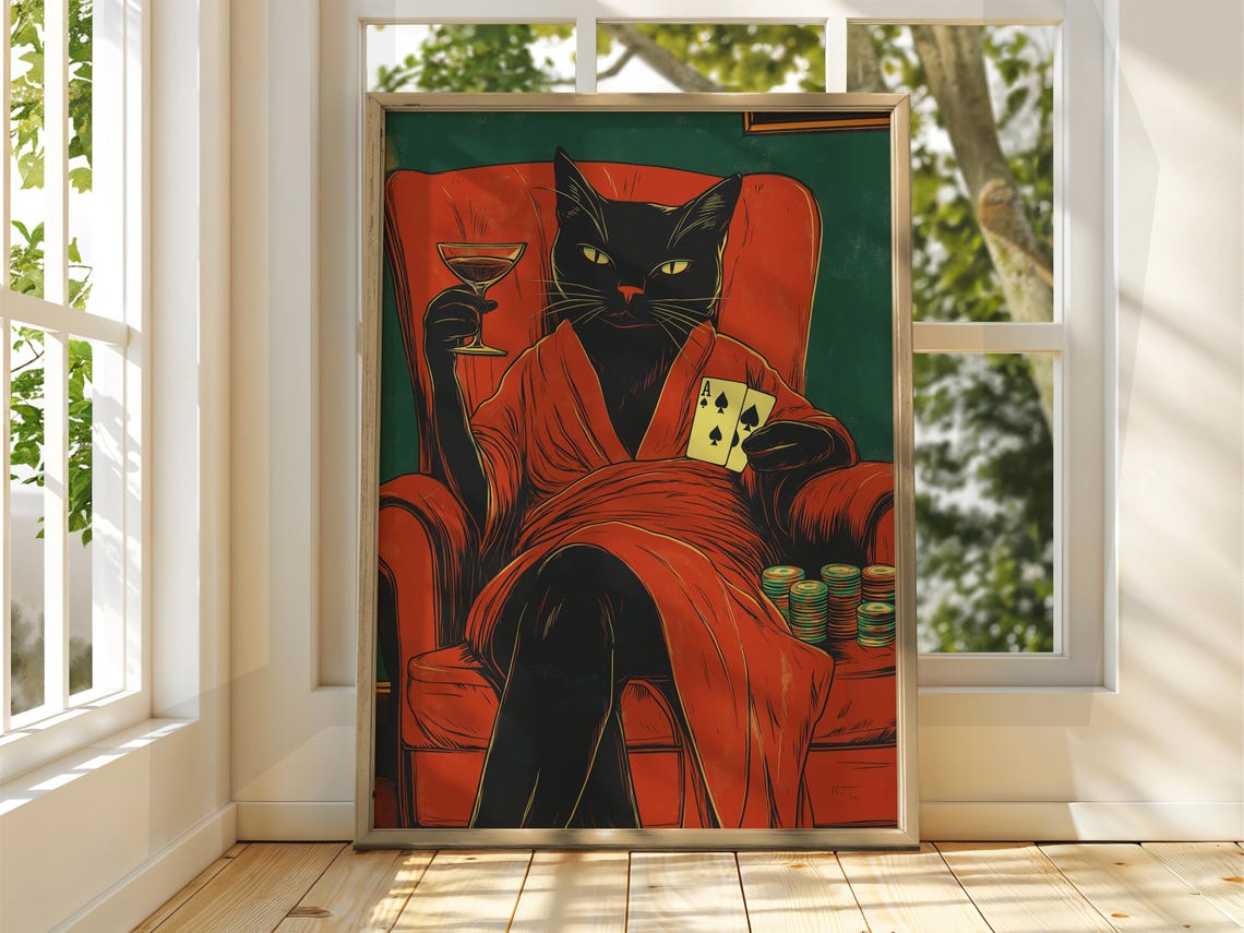 Gambling Cat Poker Player Wine Glass Aces Funny Feline Poster