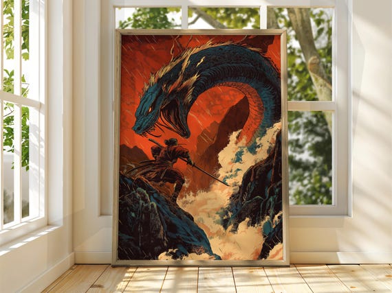 Samurai Facing Giant Dragon Poster in Japanese Ink Illustration Art