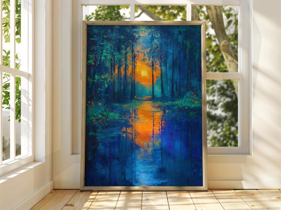 Colourful Sunset Over River Poster Oil Painting Art Print Dreamy Warm Summer Landscape Wall Nature Bright Home Decor