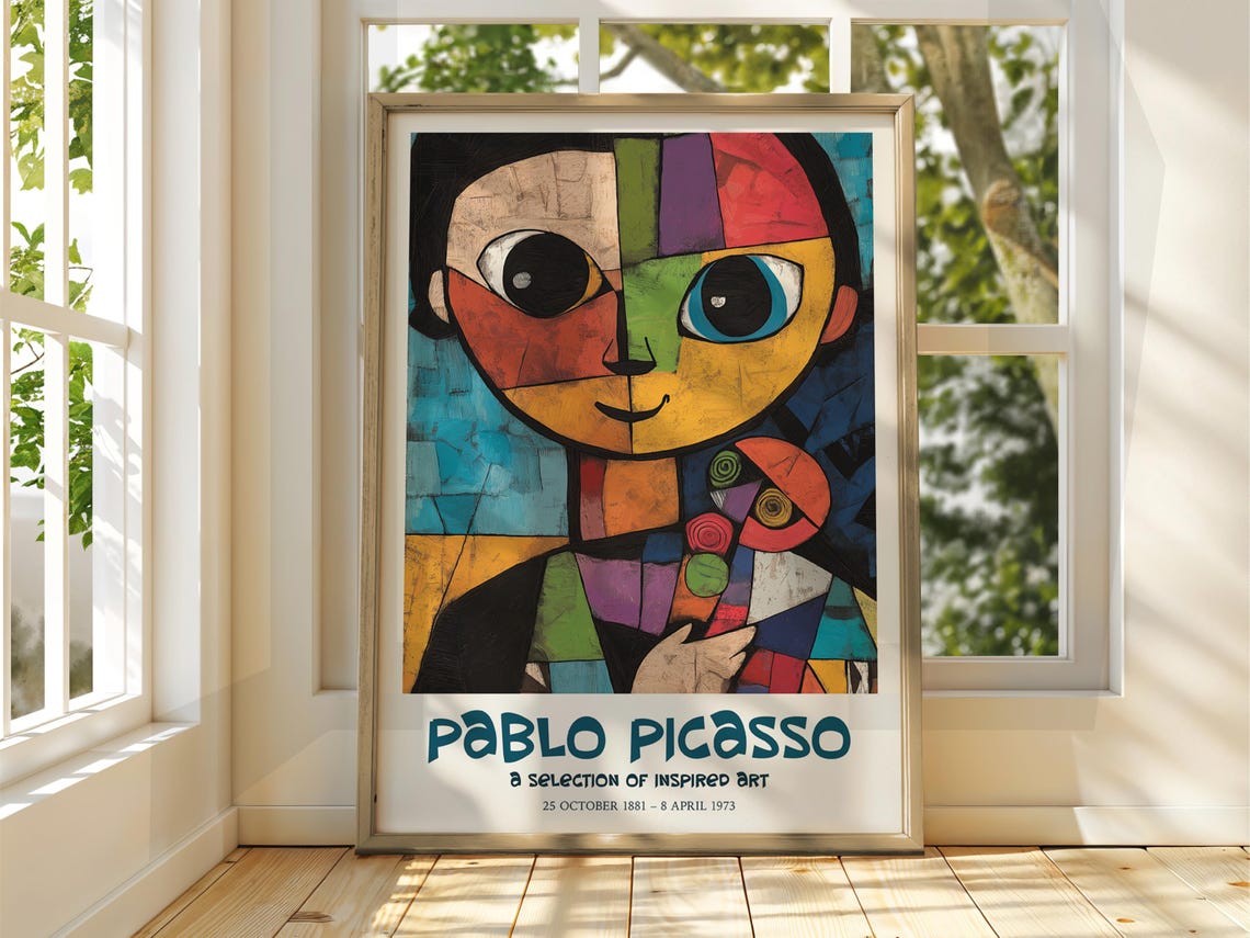 Pablo Picasso Inspired Cubist Child Portrait Colorful Art Poster