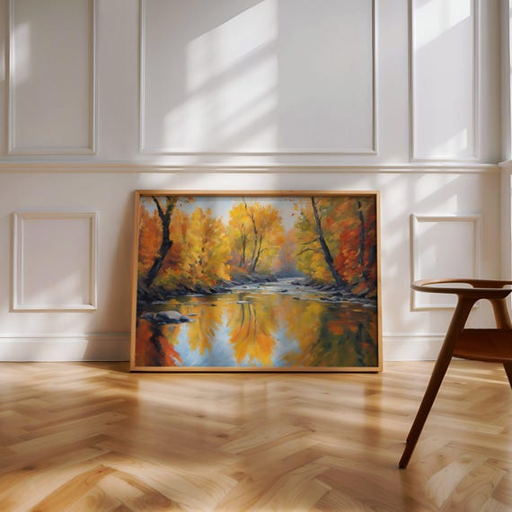 River Painting Vintage Fall Art Nature Print Cottagecore Landscape Farmhouse Decor