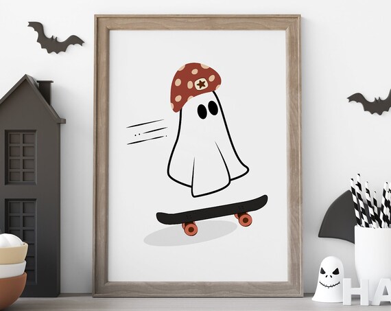 Cute Halloween Ghost Riding a Skateboard in Mushroom Hat Poster