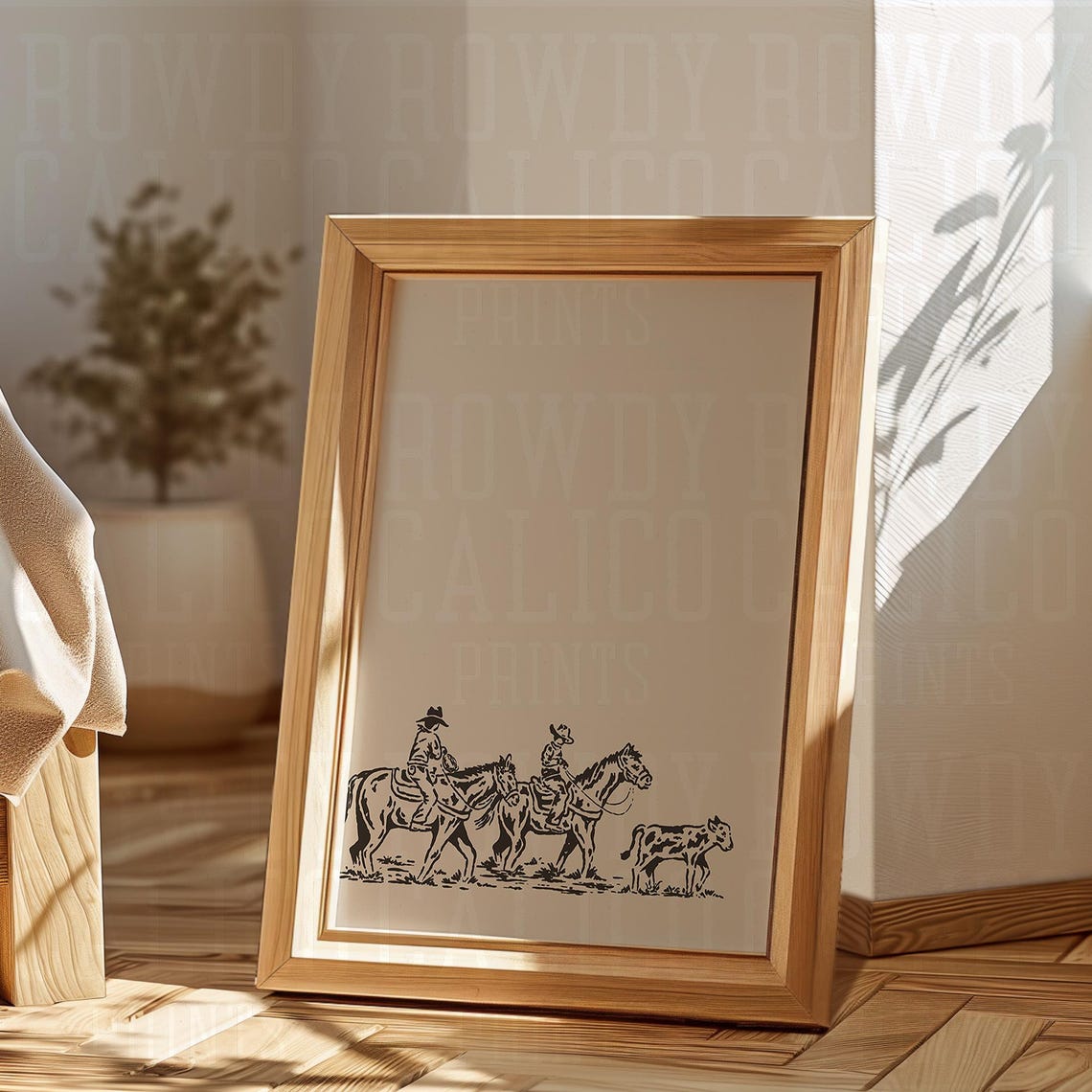 Two Cowboys Roping Calf Cream Minimalist Line Art Western Poster - Image 3