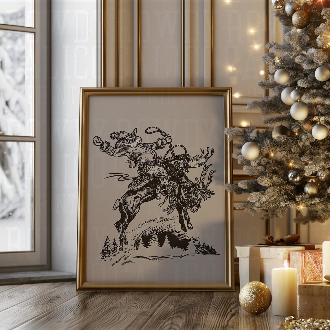 Black Ink Cowboy Santa Bucking Reindeer Etched Western Holiday Poster - Image 2