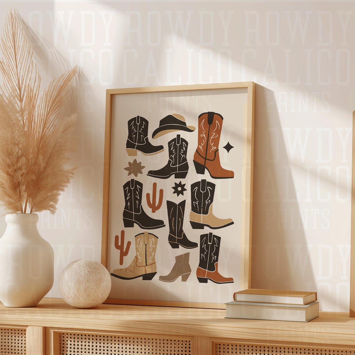 Western Cowboy Boots Hat Cactus Collage Minimalist Tan Poster - Image 3
