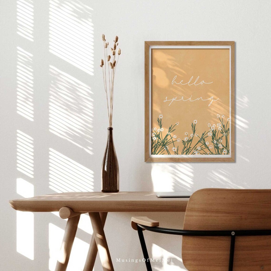 Hello Spring Script with White Daisies Mustard Yellow Seasonal Art Poster - Image 3
