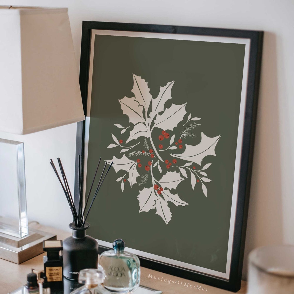 Holly Leaves and Red Berries on Dark Olive Green Holiday Poster - Image 2