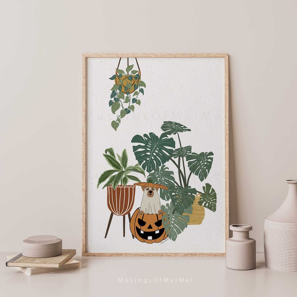 Halloween Dog in Cute Ghost Costume Pumpkin Botanical Poster