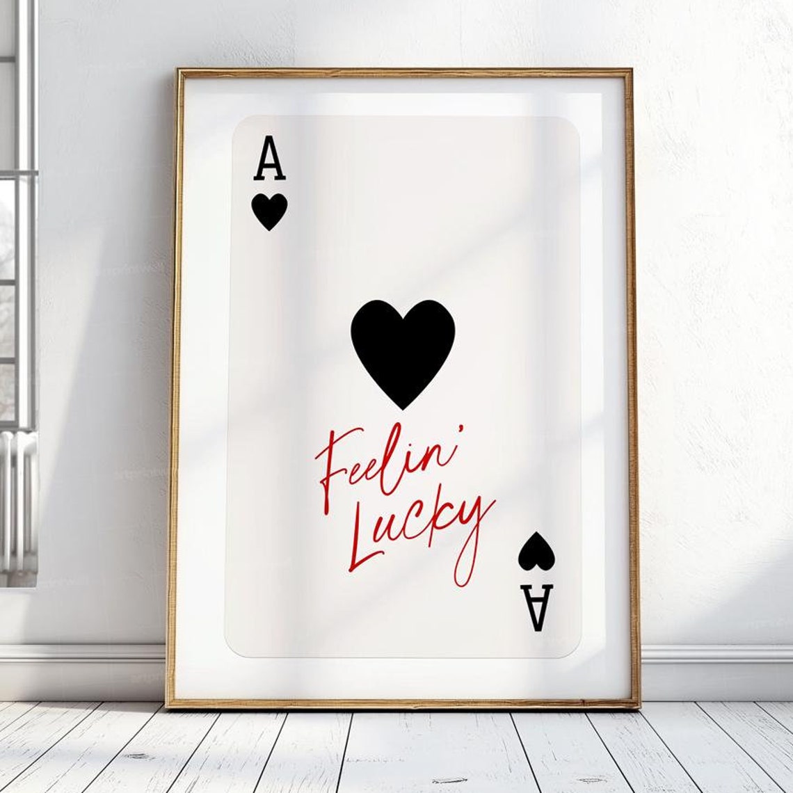 Feelin Lucky Script Ace Of Hearts Black Card Retro Trendy Wall Poster