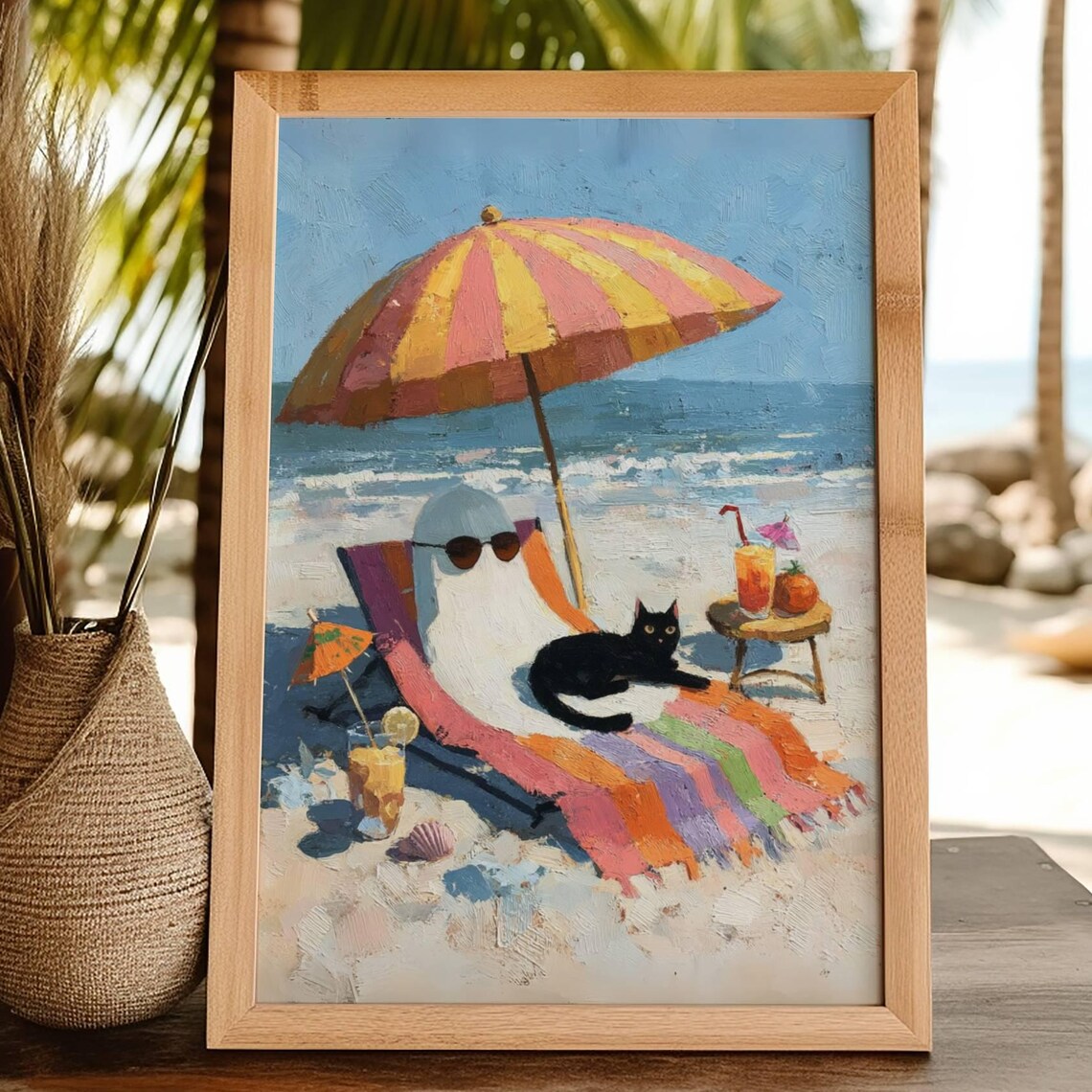Black Cat Beach Summerween Spooky Cute Art Print