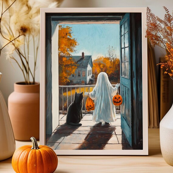 Ghost and Black Cat Trick or Treating on a Porch Halloween Poster