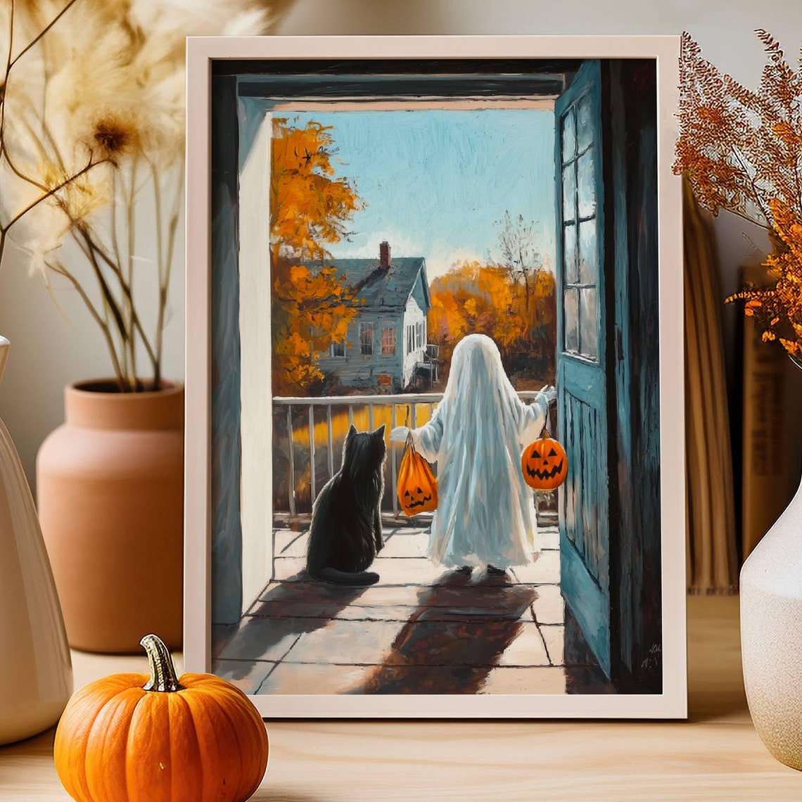 Ghost and Black Cat Trick or Treating on a Porch Halloween Poster