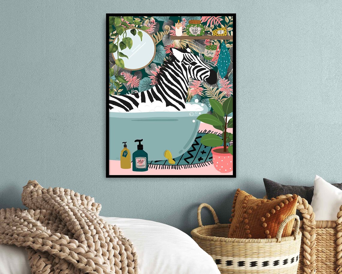 Zebra in Bathtub Botanical Animal Print, Maximalist Bath