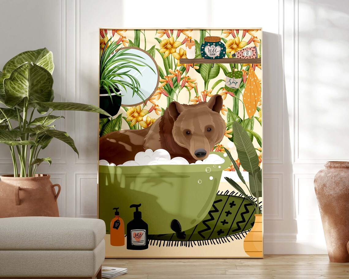 Bear Bathroom Wall Art, Funny Tropical Poster