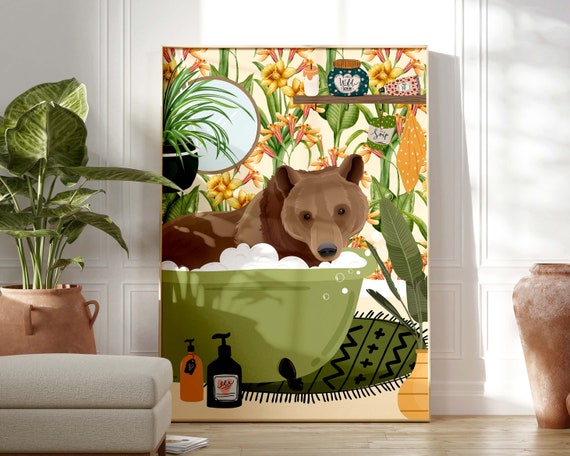 Bear Bathroom Wall Art, Funny Tropical Poster