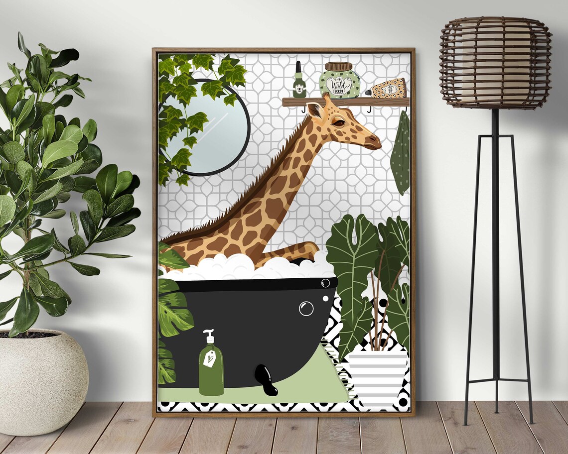 Giraffe In Bathtub Monochrome Bathroom Art Print