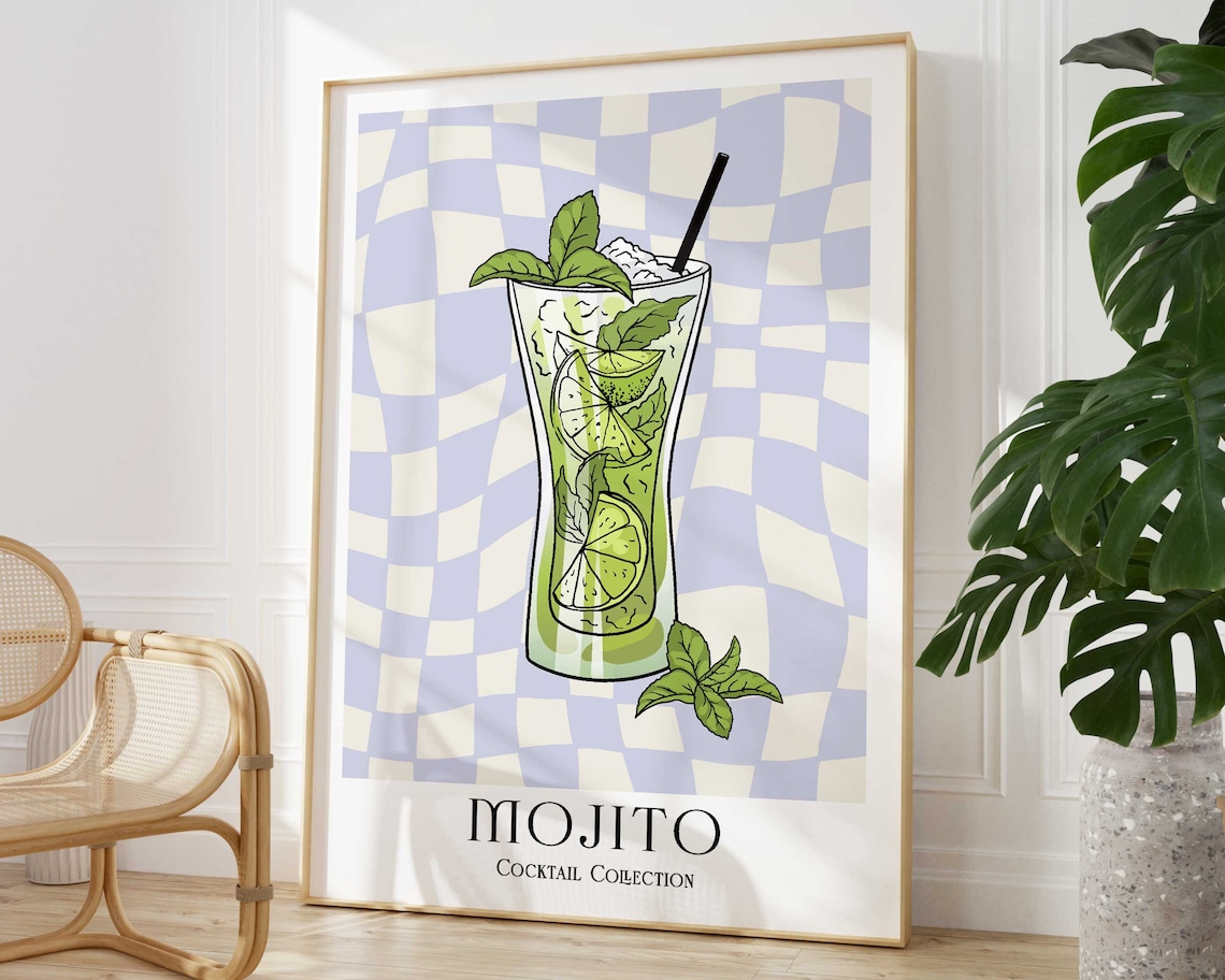 Mojito Cocktail Retro Poster, Bar Cart Wall Art