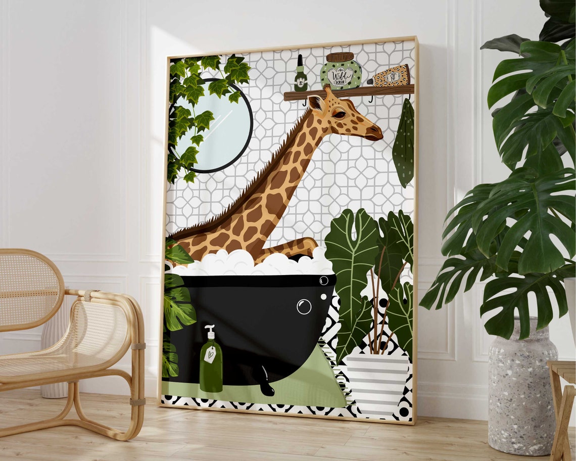 Giraffe In Bathtub Monochrome Art Print