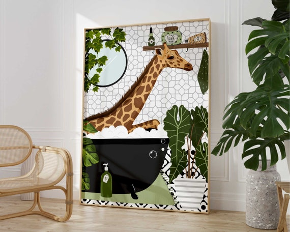 Giraffe In Bathtub Monochrome Art Print