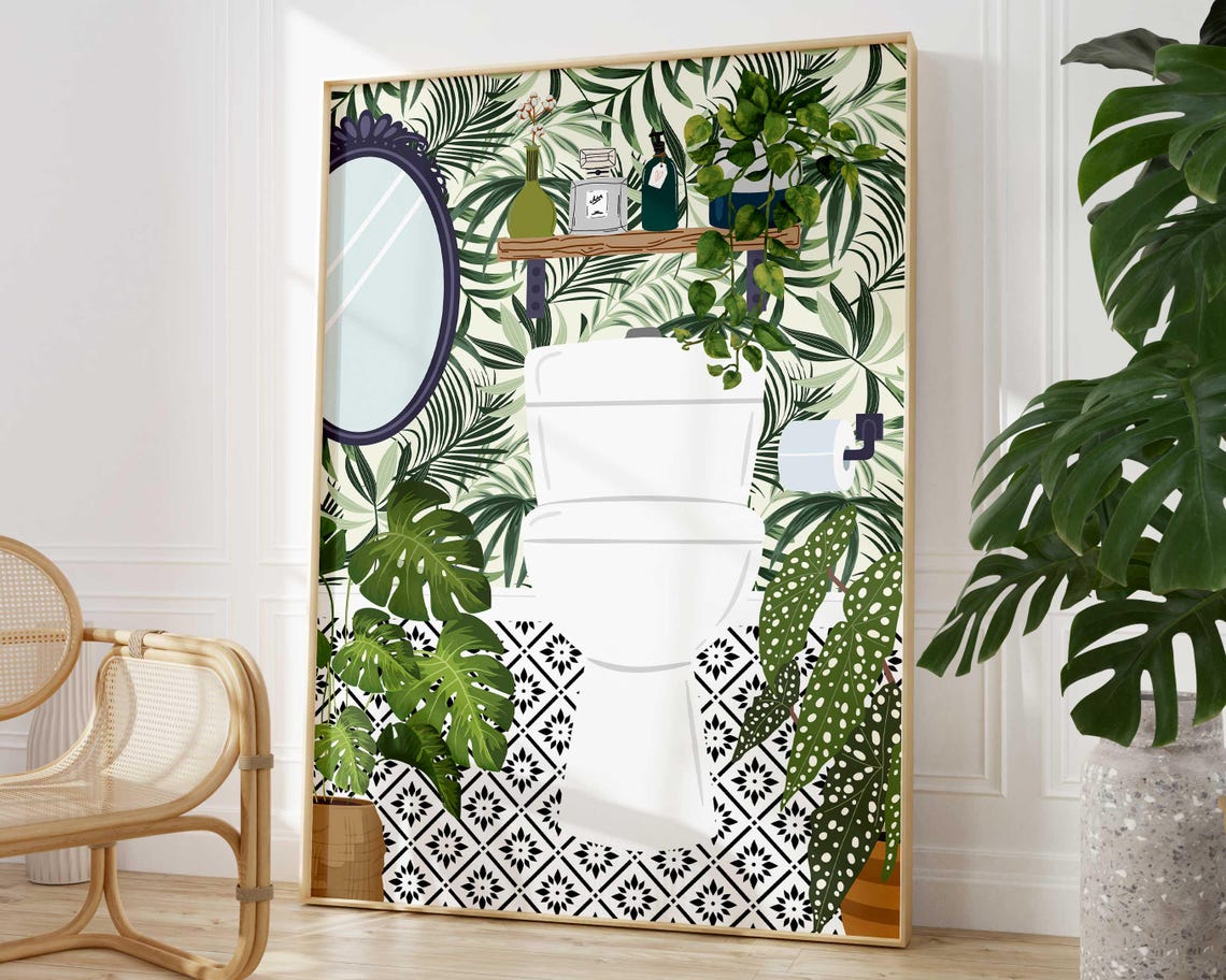 Tropical Plants Bathroom Decor Toilet Botanical Maximalist Wall Art