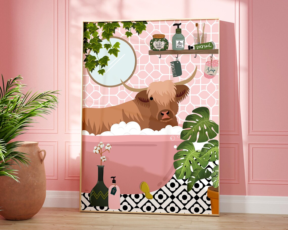 Highland Cow In Bath Bathroom Wall Art Print