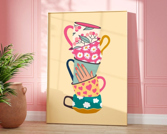 Stacked Tea Cups Print Retro Mug Floral Art Colourful Eclectic Vintage Kitchen Wall Boho Dining Room Fun Decor