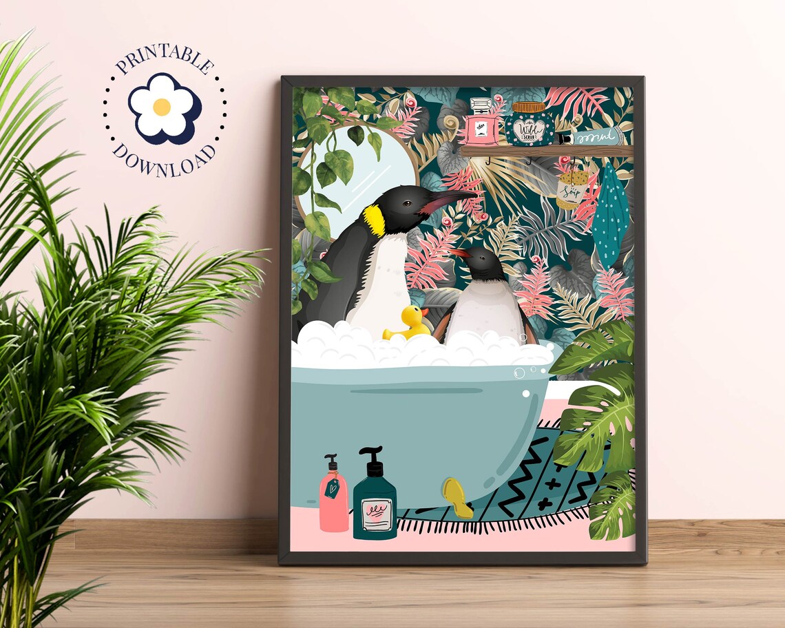 Penguins In Bathtub Bathroom Art Print, Boho Decor