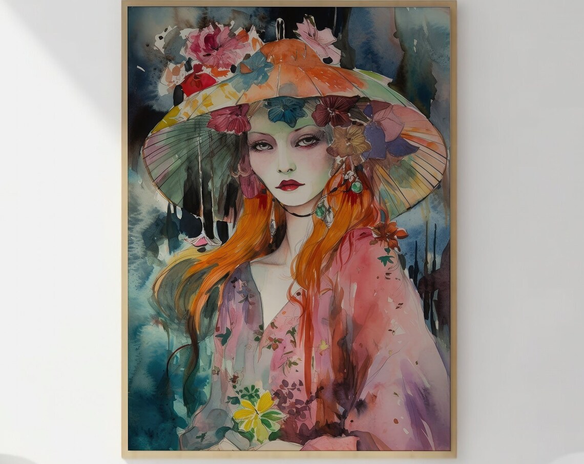 Boho Woman with Floral Hat Watercolor Portrait Aesthetic Wall Art