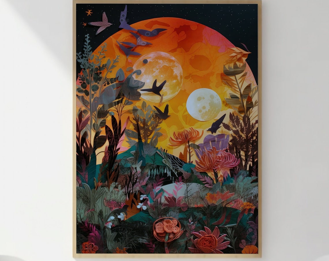 Retro Futuristic Space Collage Sun Moons Birds Layered Art Print