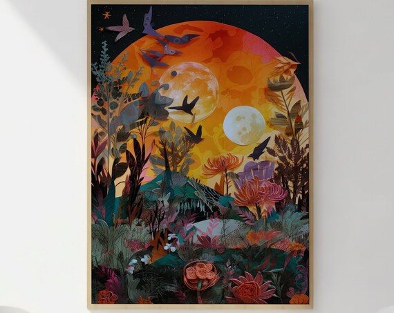 Retro Futuristic Space Collage Sun Moons Birds Layered Art Print