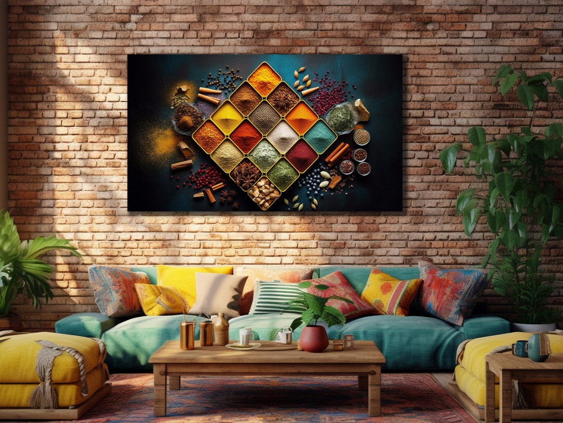 Colorful Spices Diamond Arrangement Dark Background Kitchen Art Poster