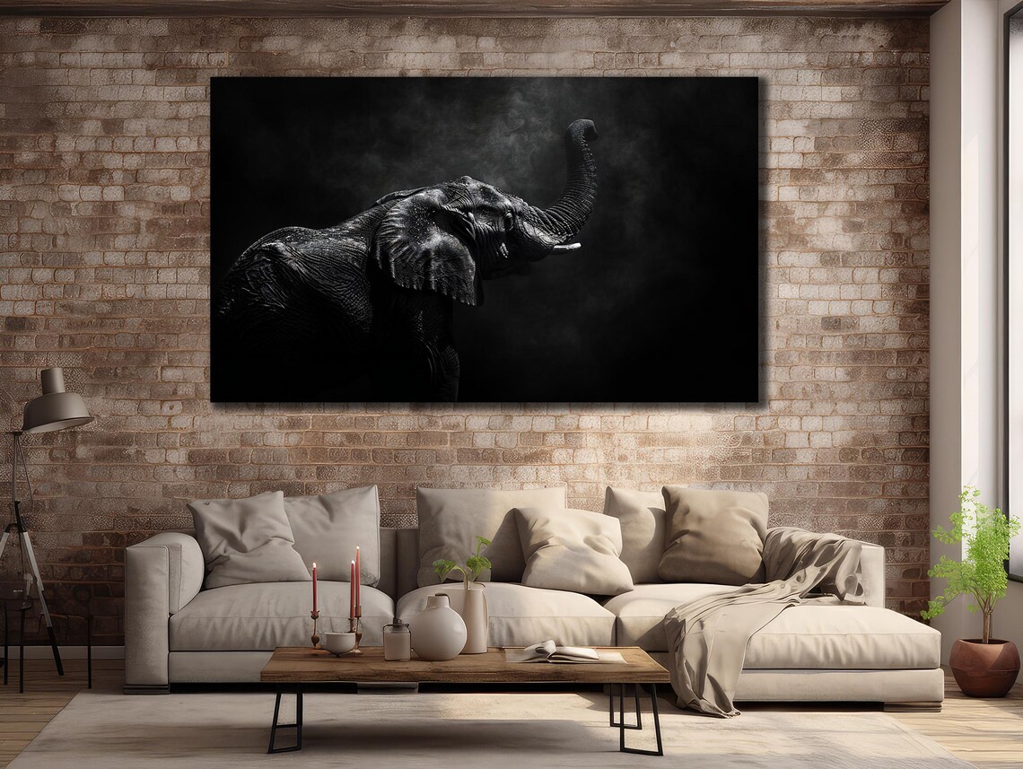 Black Elephant Trunk Up Dark Moody Dramatic Safari Wildlife Poster - Image 3