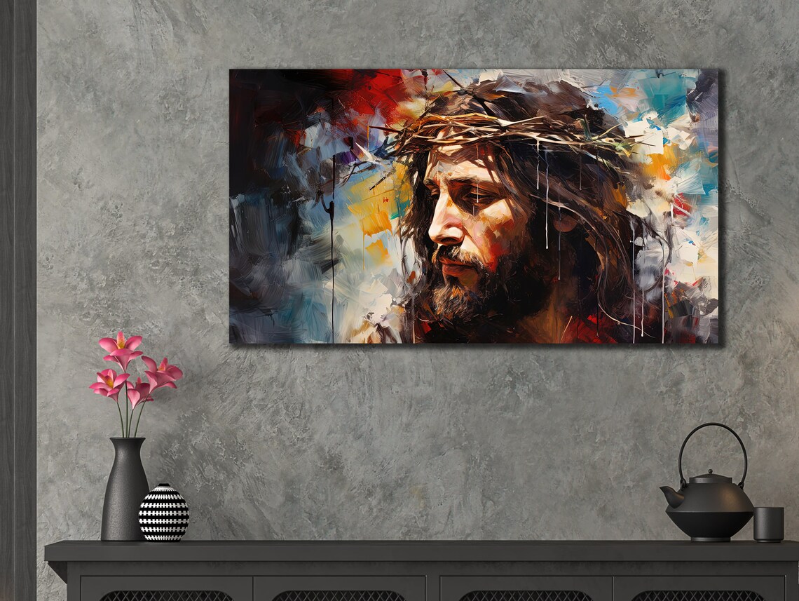 Jesus with Crown of Thorns Abstract Painting Christian Poster - Image 3